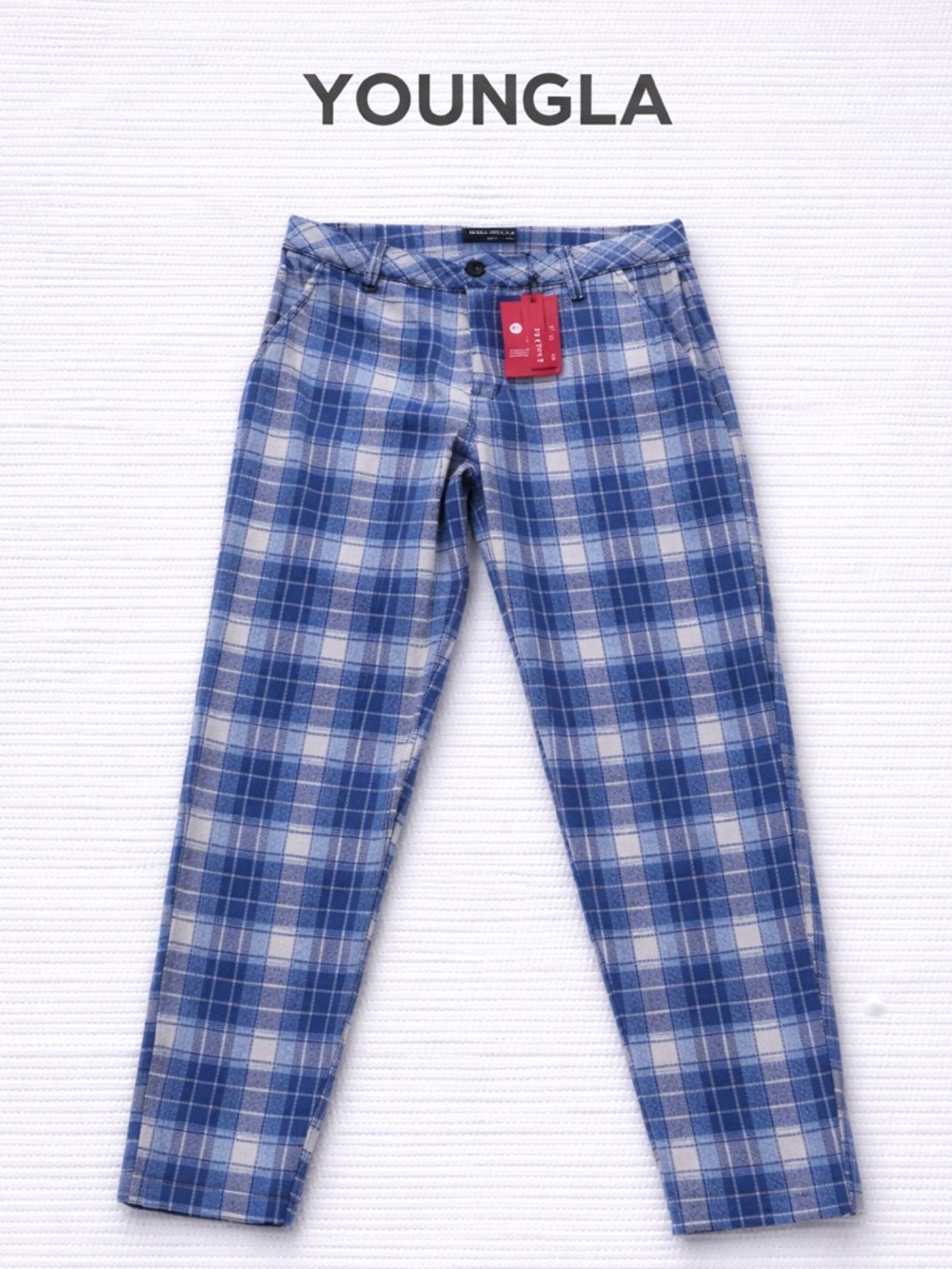 YoungLA Plaid Slim Taper Pants 32x28 NWT Blue Gray Check Streetwear Trousers